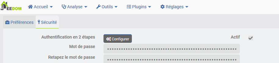 Accès à la double authentification pour votre Jeedom.