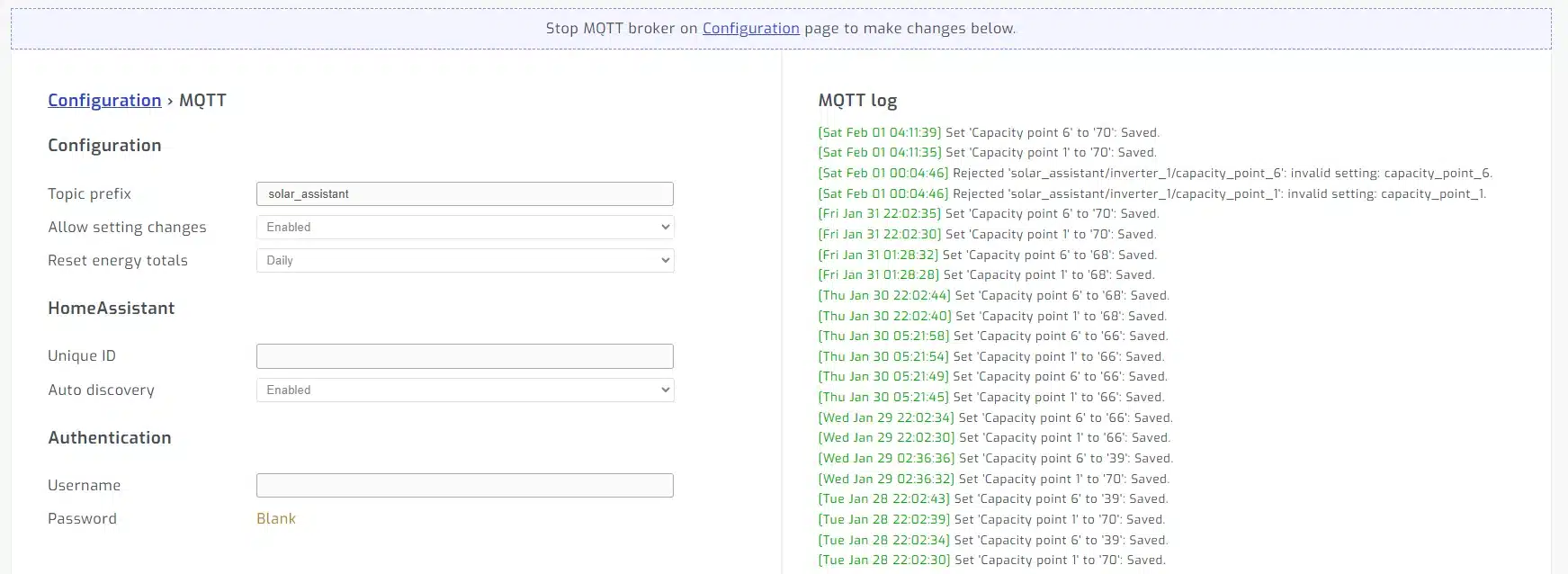 Configuration mqtt de Solar Assistant